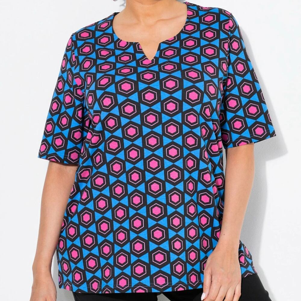 Ulla Popken Top 24/26 Womens Geometric Split Neck Cotton Blend Short Sleeve New